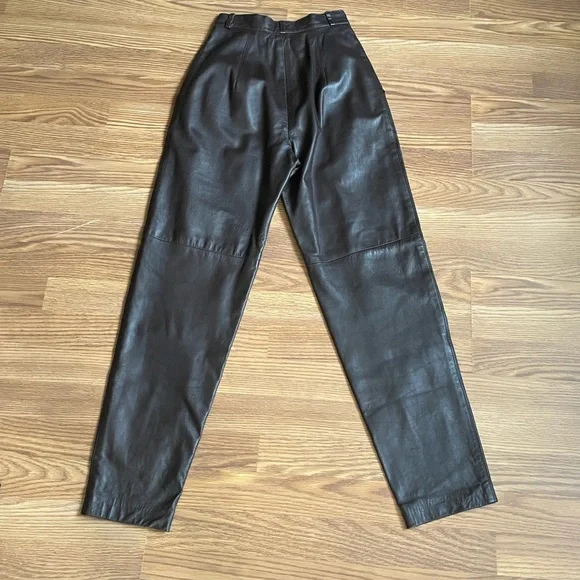 Melanzona High-Waisted Pleated Genuine Leather Trousers in Dark Brown Sz 4